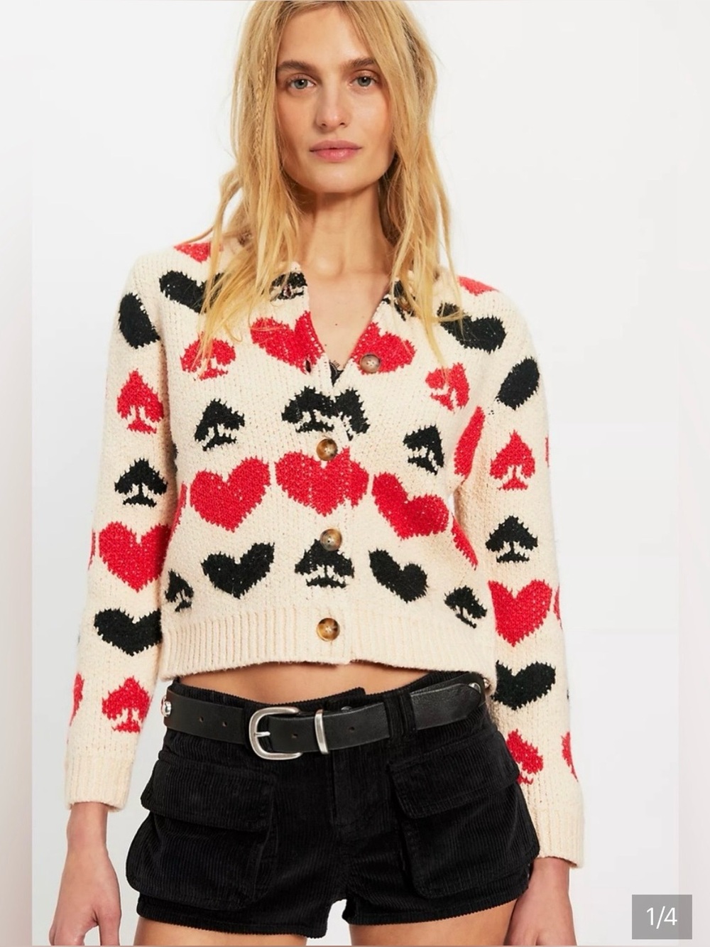 Free People Queenie Cardi Cardigan Buttons Heart Spade Ivory Red & Black Size L